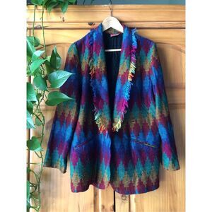 Vintage 80s/90s Claude Multicolor Fringe Blazer Jacket – Geometric Pattern SZ S